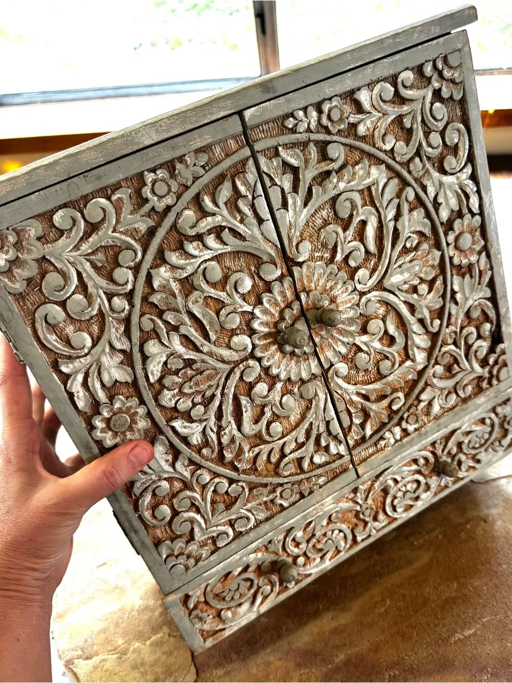 Boho Hand-Carved Wood Jewelry Box Cabinet in Distressed White EUC